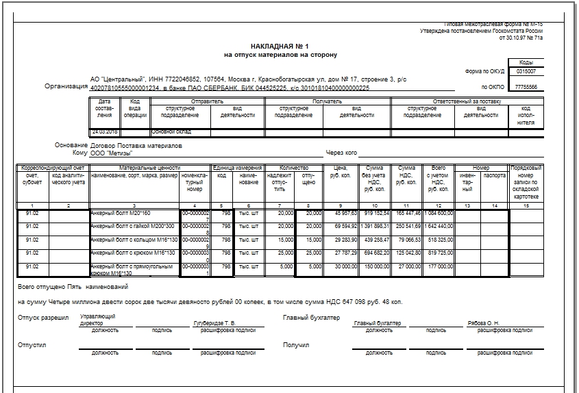 Накладная на отпуск материалов на сторону образец м 15